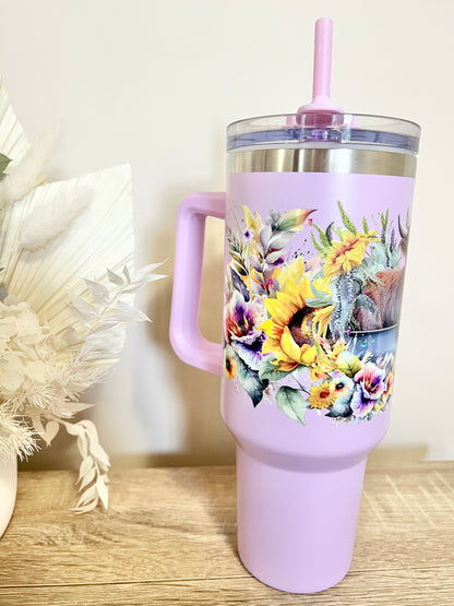 Floral Highland Cow Tumbler 40oz