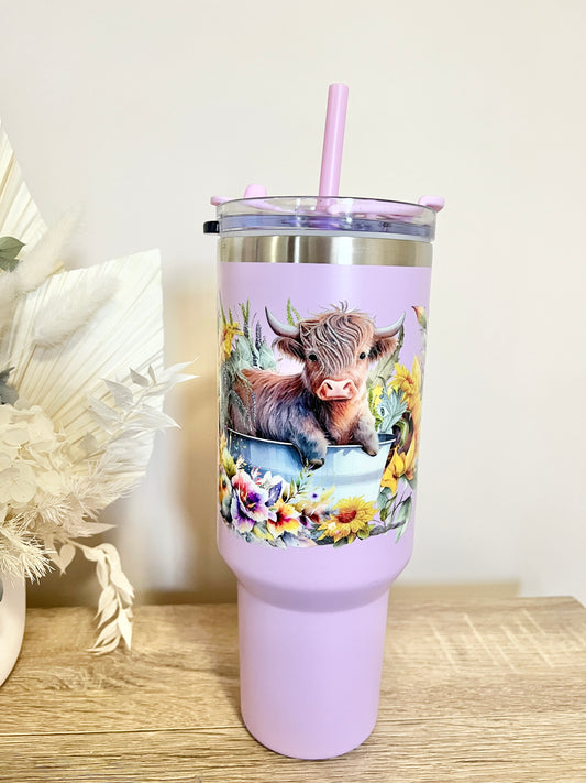 Floral Highland Cow Tumbler 40oz